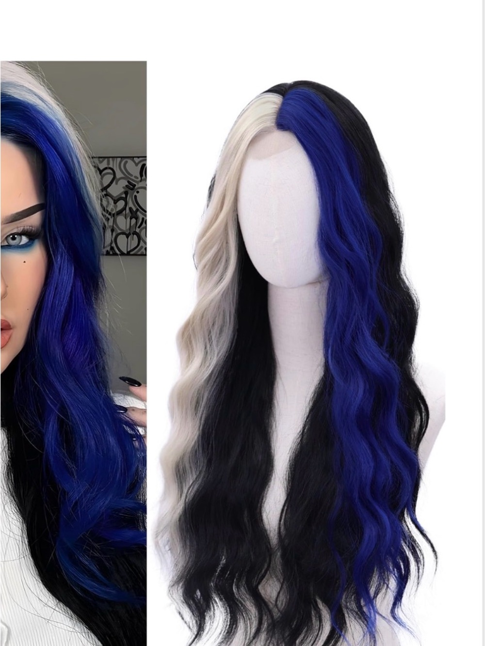 Blue & White Long Wavy Lace Front Wig for Women